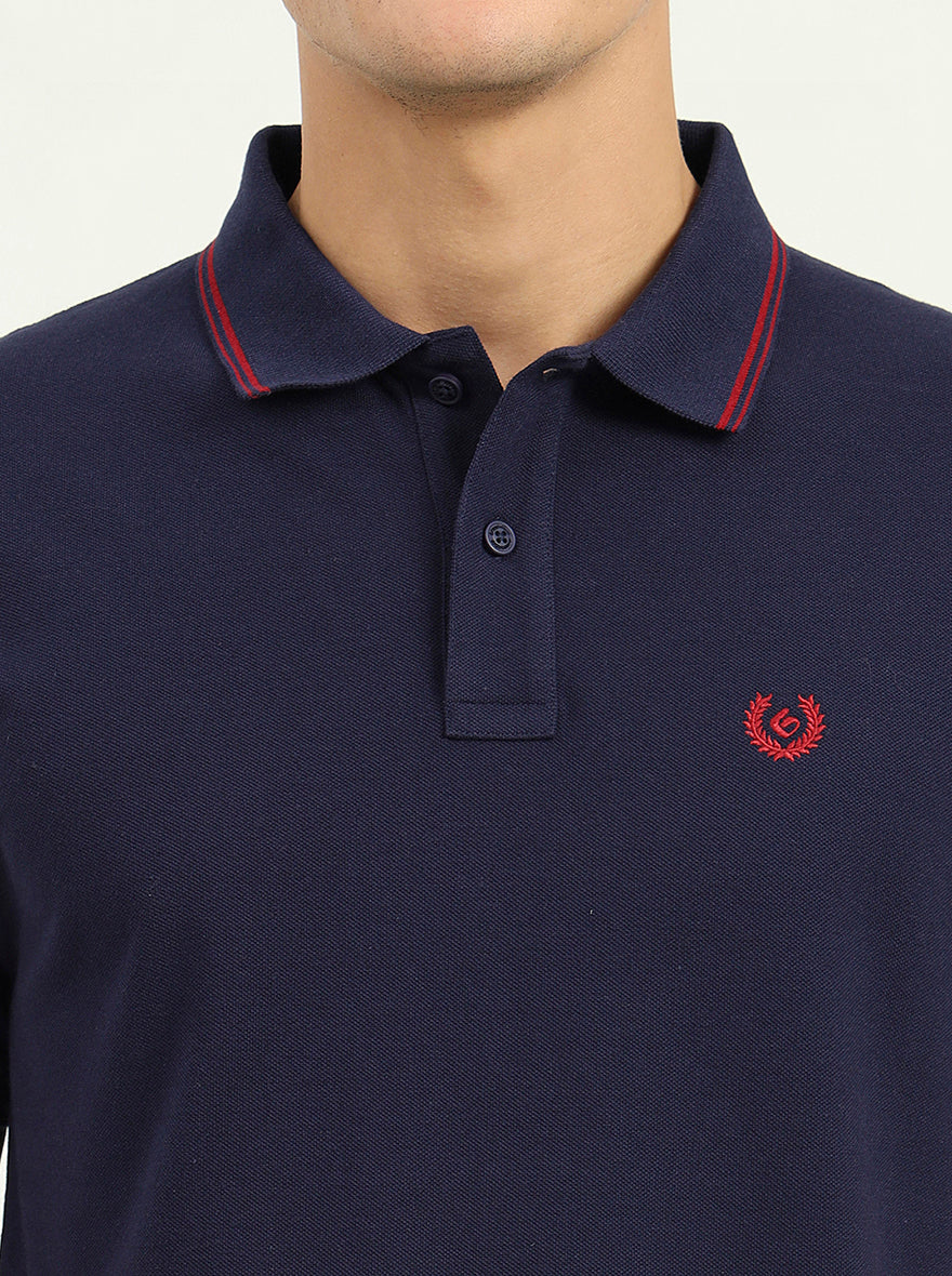 Navy Blue Solid Slim Fit Polo T-Shirt | Greenfibre