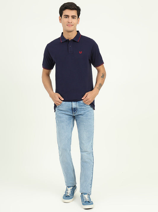 Navy Blue Solid Slim Fit Polo T-Shirt | Greenfibre