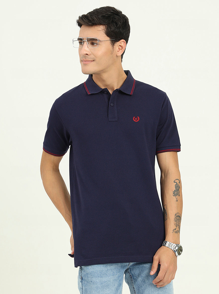 Navy Blue Solid Slim Fit Polo T-Shirt | Greenfibre