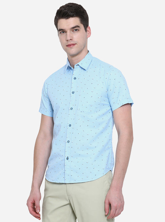 Air Blue Printed Slim Fit Semi Casual Shirt | Greenfibre