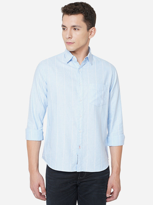 Light Blue Striped Slim Fit Semi Casual Shirt | Greenfibre
