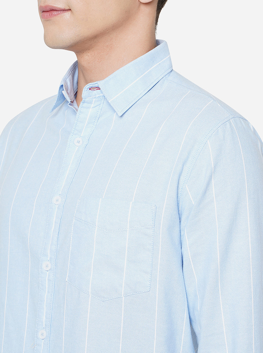 Light Blue Striped Slim Fit Semi Casual Shirt | Greenfibre