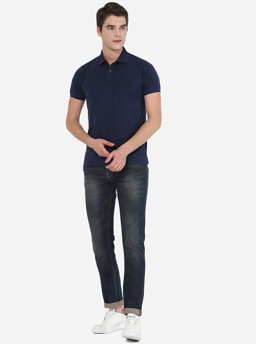 Indigo Blue Solid Slim Fit Polo T-Shirt | Greenfibre