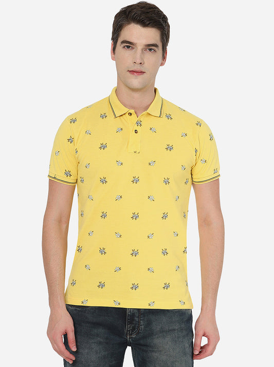 Yellow Printed Slim Fit Polo T-Shirt | Greenfibre