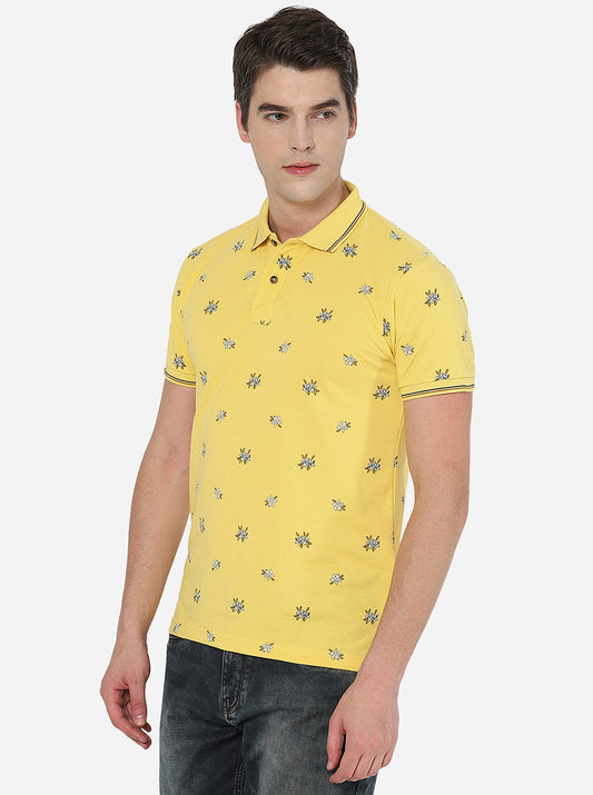 Yellow Printed Slim Fit Polo T-Shirt | Greenfibre