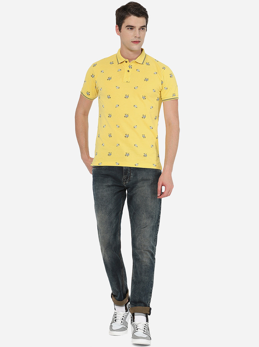 Yellow Printed Slim Fit Polo T-Shirt | Greenfibre
