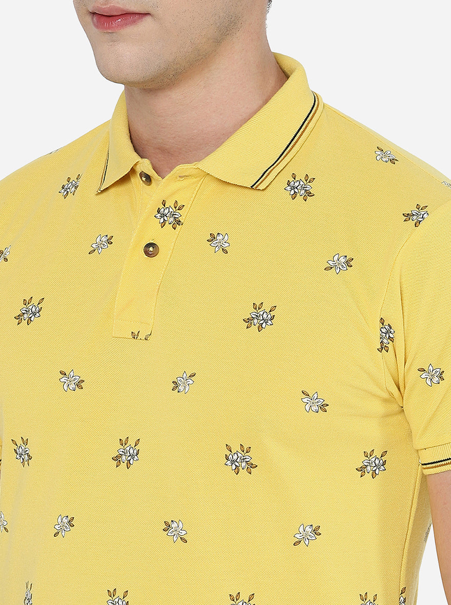 Yellow Printed Slim Fit Polo T-Shirt | Greenfibre