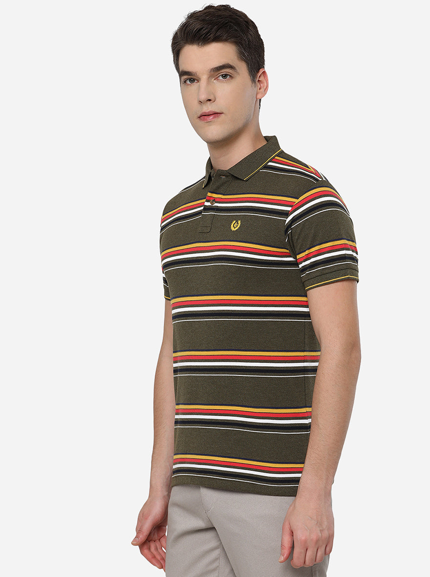 Olive Striped Slim Fit Polo T-Shirt | Greenfibre
