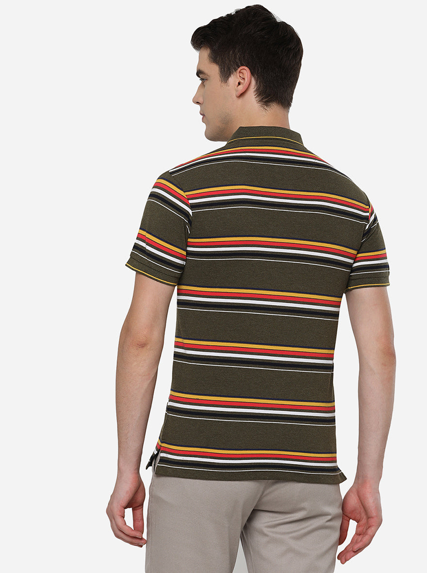 Olive Striped Slim Fit Polo T-Shirt | Greenfibre
