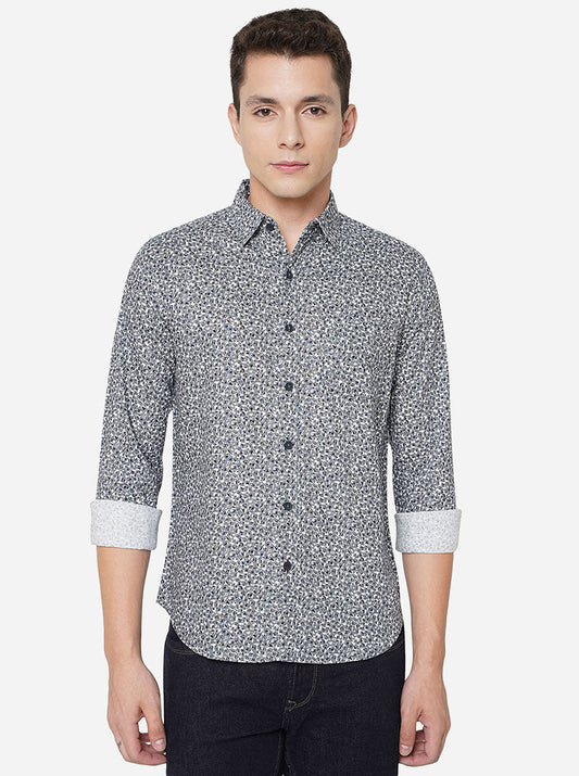 Dark Grey Printed Slim Fit Semi Casual Shirt | Greenfibre