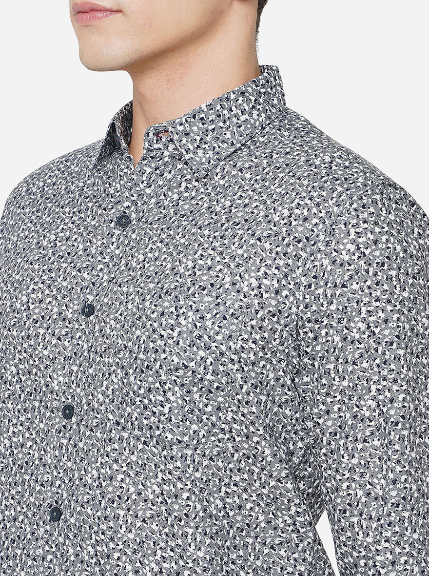 Dark Grey Printed Slim Fit Semi Casual Shirt | Greenfibre