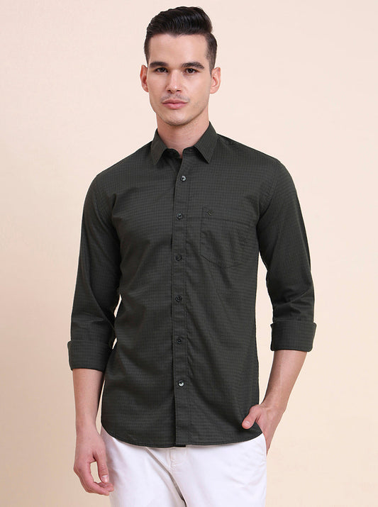 Olive Green Checked Smart Fit Semi Casual Shirt | Greenfibre