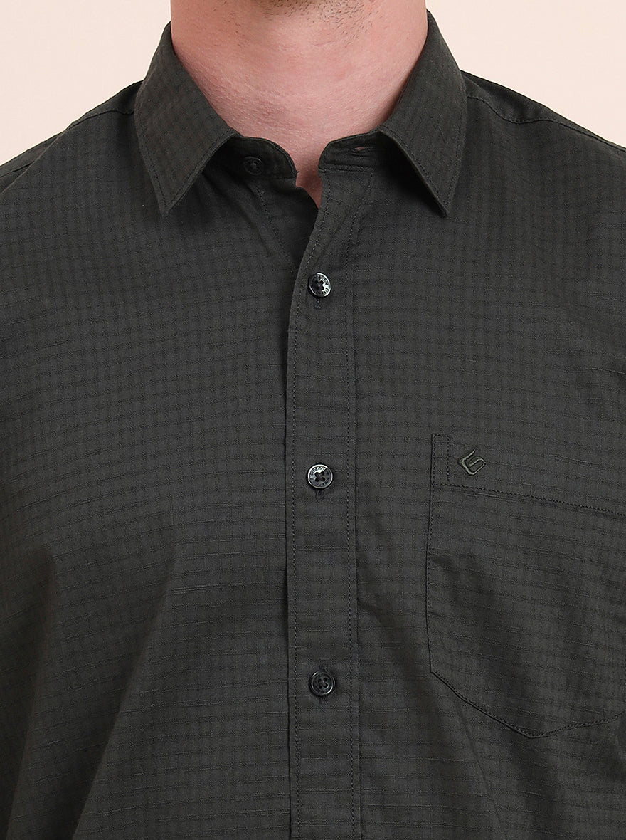 Olive Green Checked Smart Fit Semi Casual Shirt | Greenfibre