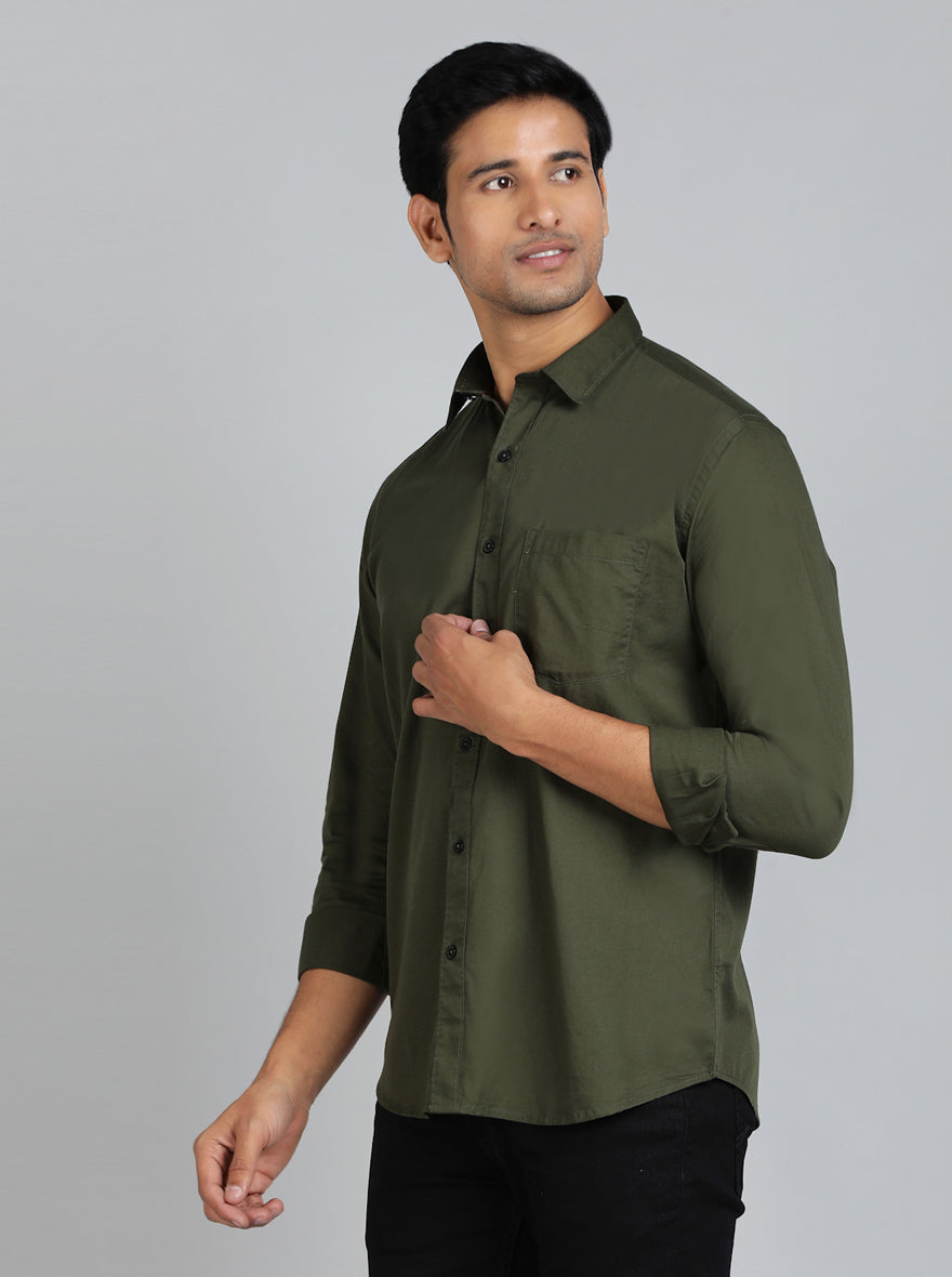 Olive Green Solid Smart Fit Semi Casual Shirt | Greenfibre
