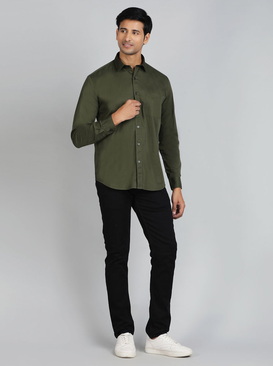 Olive Green Solid Smart Fit Semi Casual Shirt | Greenfibre