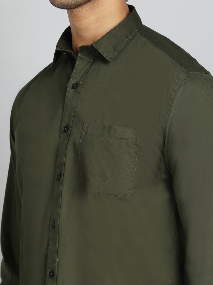 Olive Green Solid Smart Fit Semi Casual Shirt | Greenfibre