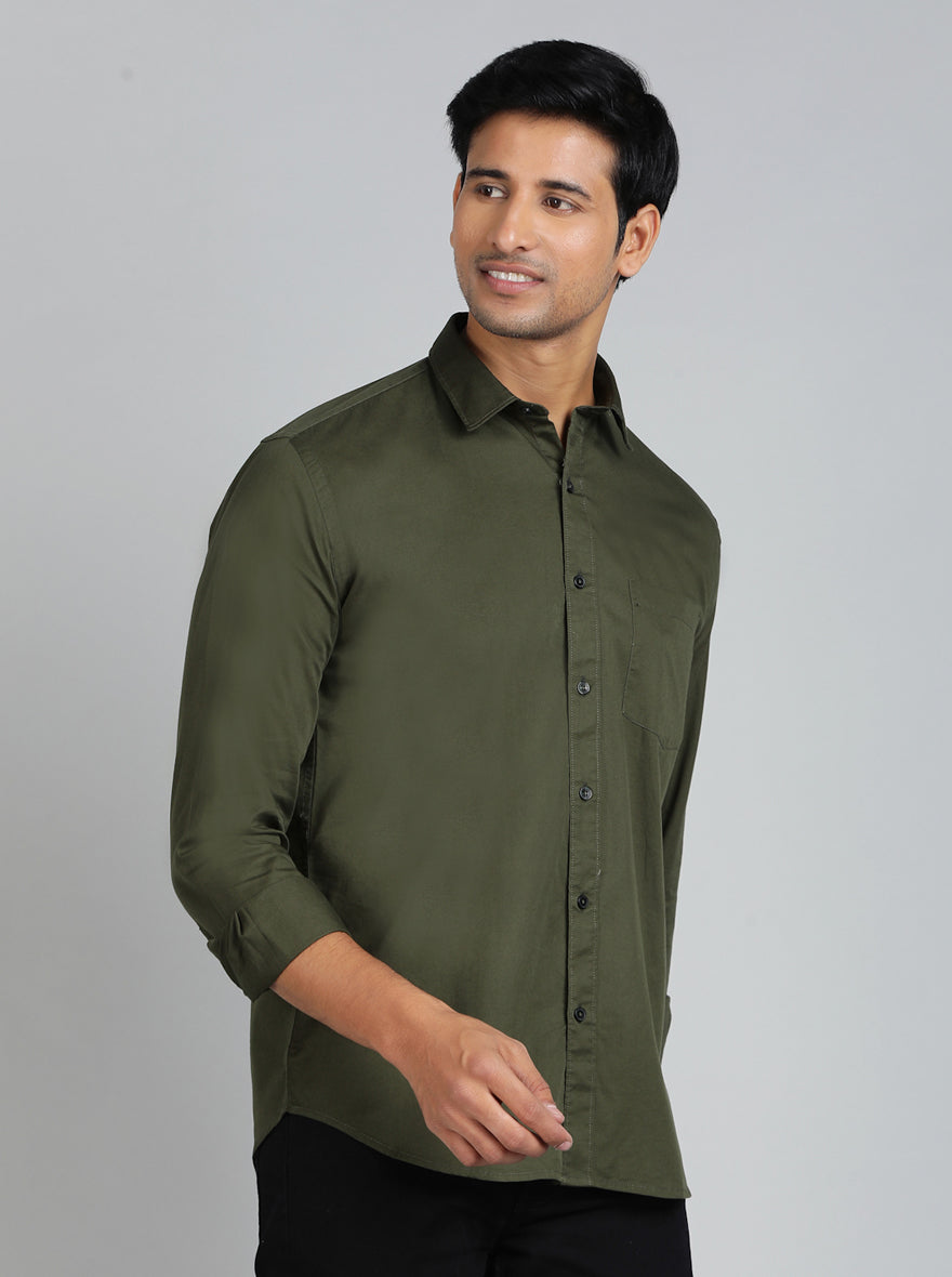 Olive Green Solid Smart Fit Semi Casual Shirt | Greenfibre