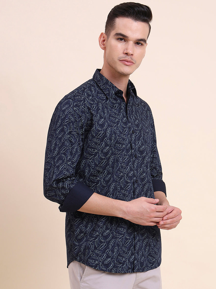 Navy Blue Printed Smart Fit Semi Casual Shirt | Greenfibre