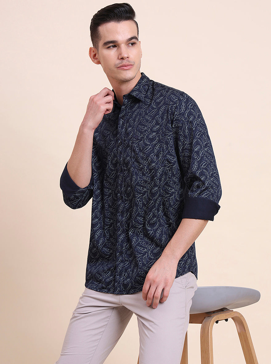 Navy Blue Printed Smart Fit Semi Casual Shirt | Greenfibre