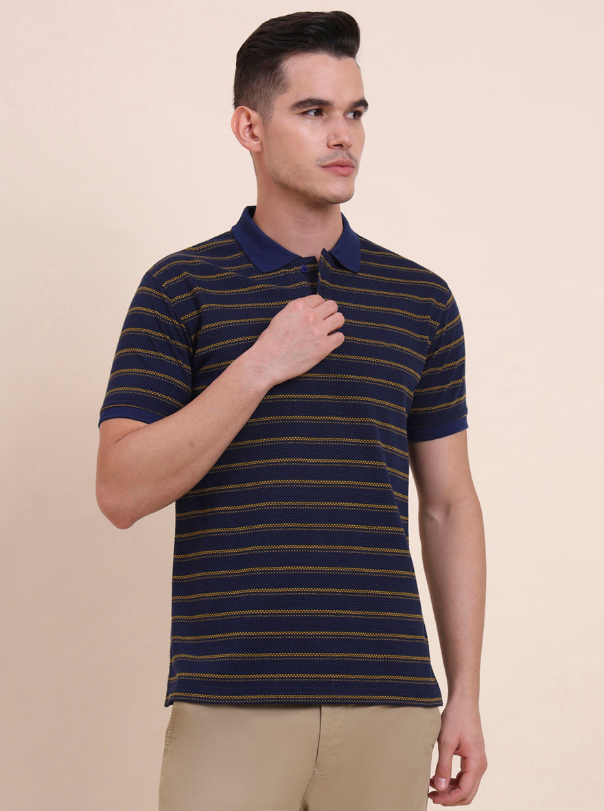 Navy Blue & Mustard Striped Slim Fit Polo T-Shirt | Greenfibre
