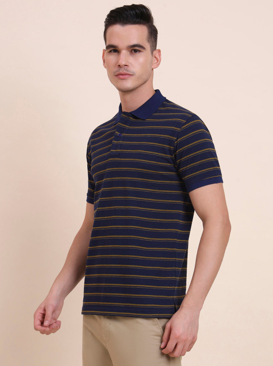 Navy Blue & Mustard Striped Slim Fit Polo T-Shirt | Greenfibre
