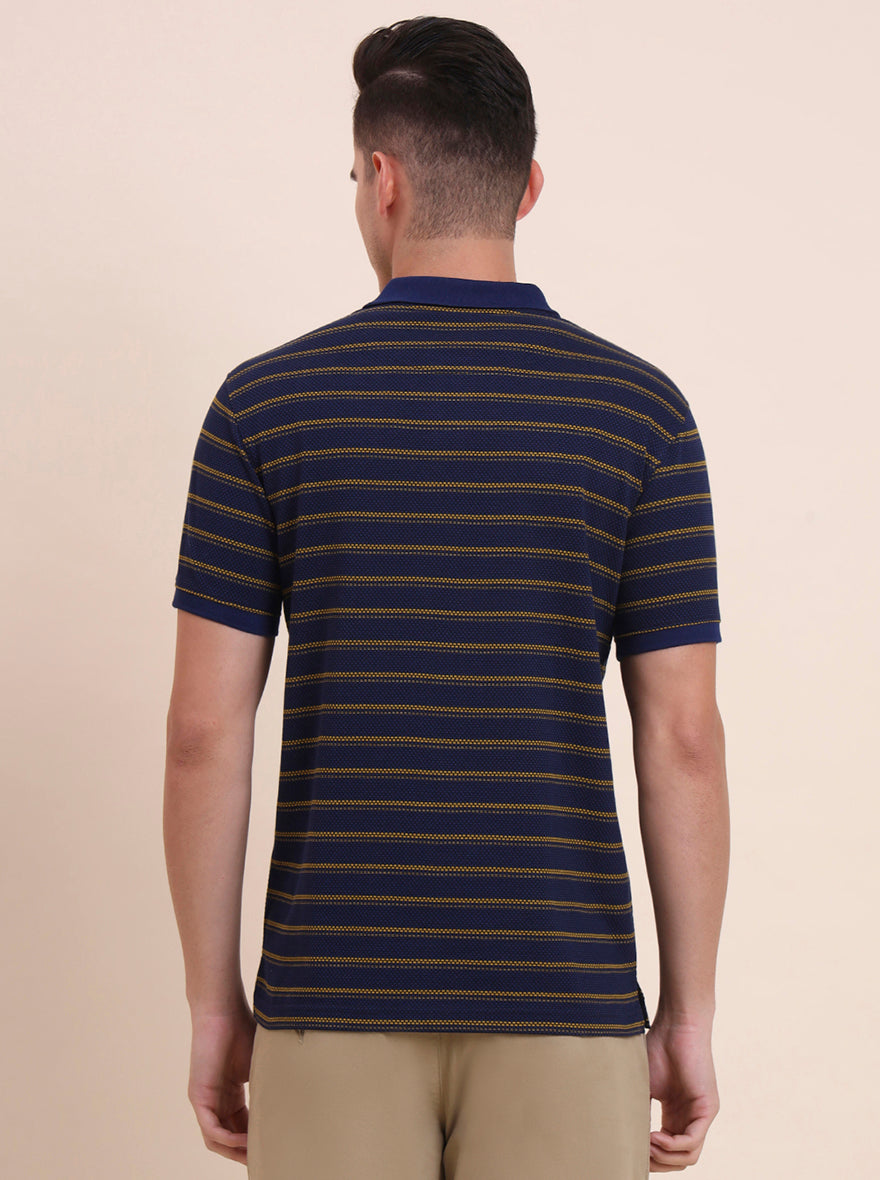Navy Blue & Mustard Striped Slim Fit Polo T-Shirt | Greenfibre