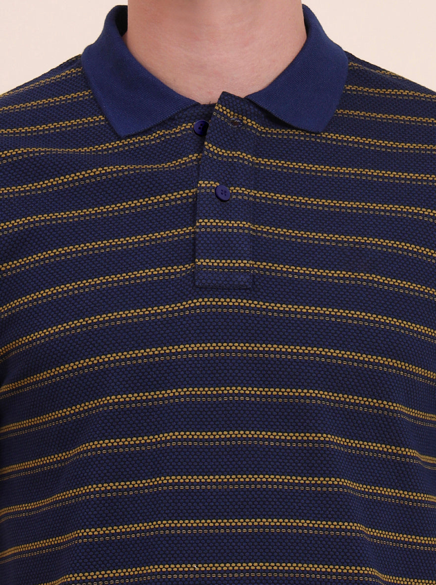 Navy Blue & Mustard Striped Slim Fit Polo T-Shirt | Greenfibre