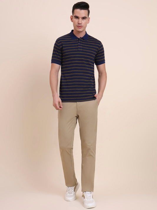 Navy Blue & Mustard Striped Slim Fit Polo T-Shirt | Greenfibre