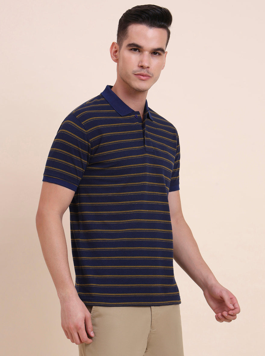 Navy Blue & Mustard Striped Slim Fit Polo T-Shirt | Greenfibre