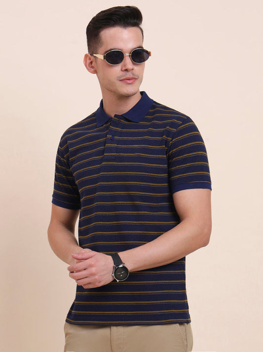 Navy Blue & Mustard Striped Slim Fit Polo T-Shirt | Greenfibre