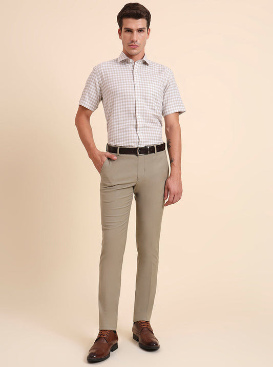 Beige Solid Super Slim Fit Formal Trouser | Greenfibre