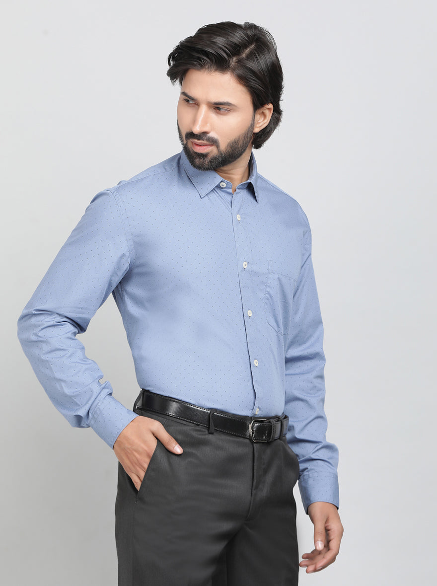 Light Blue Printed Tailored Fit Semi Casual Shirt | JadeBlue