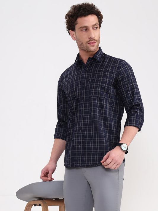 Navy Blue Checked Smart Fit Semi Casual Shirt | Greenfibre
