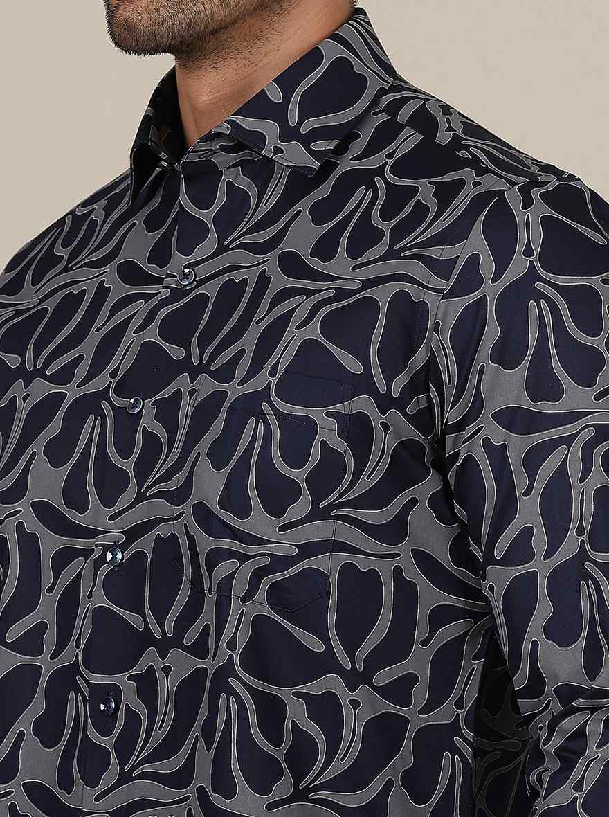 Navy Blue Printed Slim Fit Party Wear Shirt | Greenfibre
