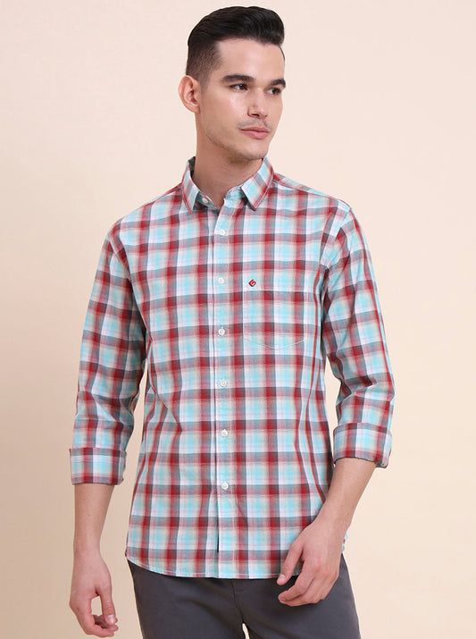 Red Checked Slim Fit Casual Shirt | Greenfibre