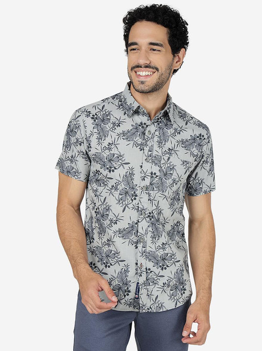 Grey Printed Slim Fit Casual Shirt | Greenfibre