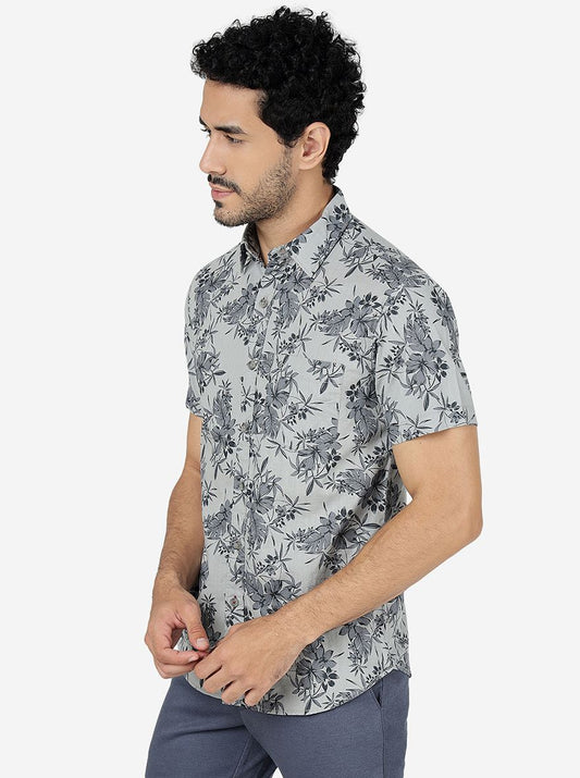 Grey Printed Slim Fit Casual Shirt | Greenfibre