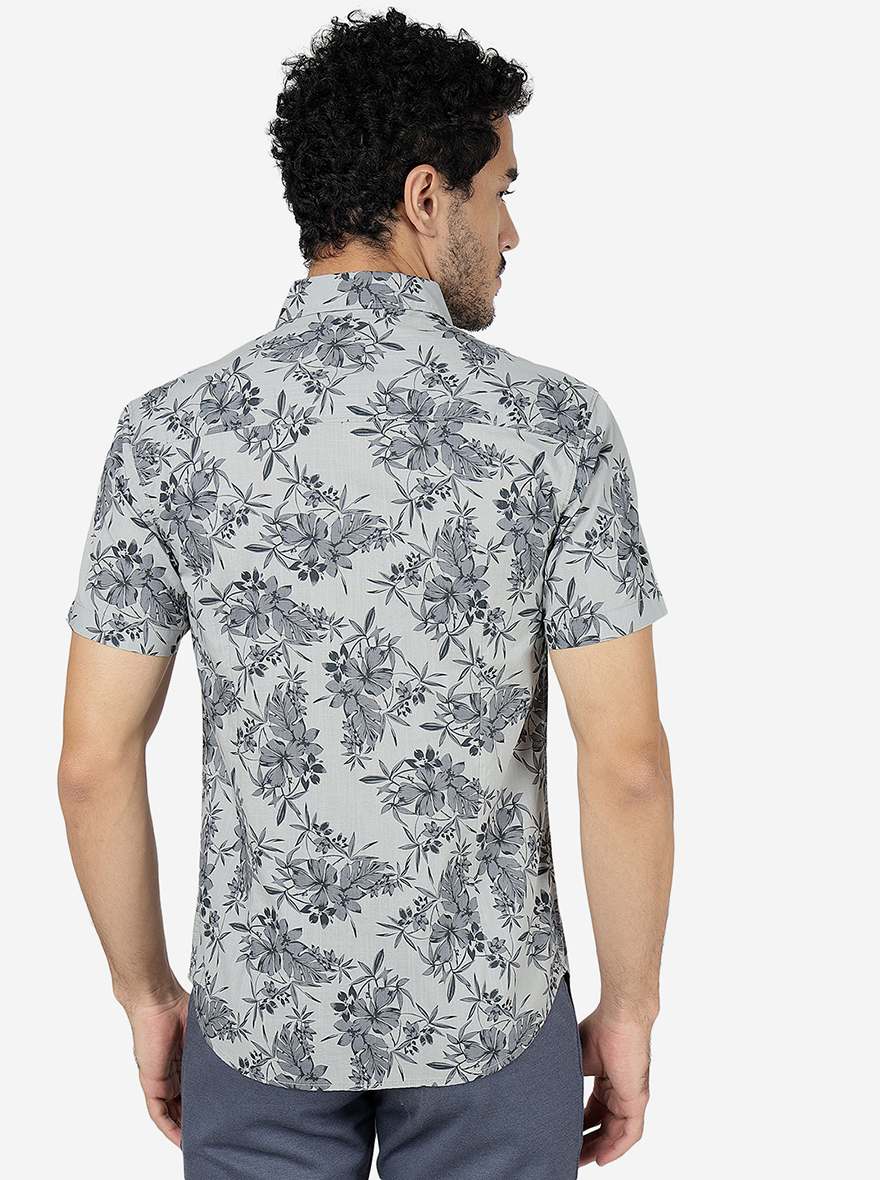 Grey Printed Slim Fit Casual Shirt | Greenfibre