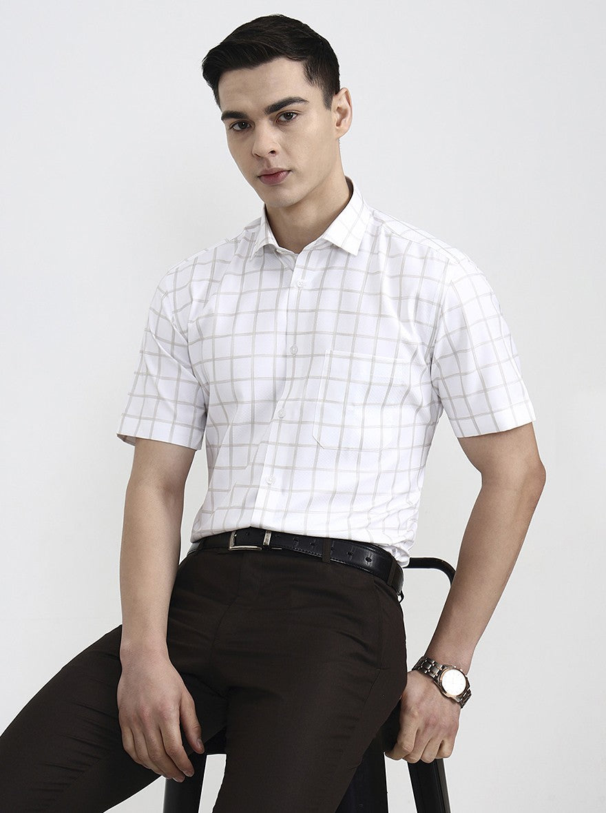 White & Beige Checked Regular Fit Formal Shirt | Greenfibre