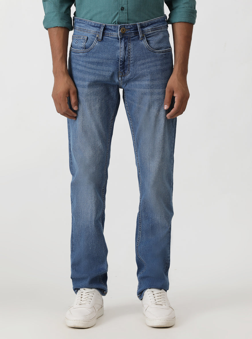 Greenfibre Light Blue Cotton Blend Jeans Slim Fit, Washed