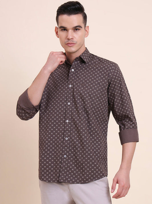 Brown Printed Smart Fit Semi Casual Shirt | Greenfibre