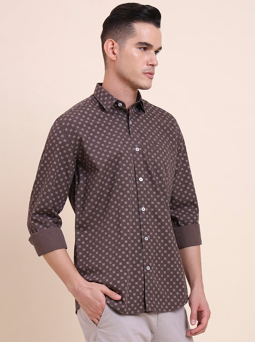 Brown Printed Smart Fit Semi Casual Shirt | Greenfibre