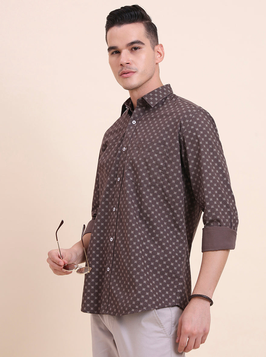 Brown Printed Smart Fit Semi Casual Shirt | Greenfibre