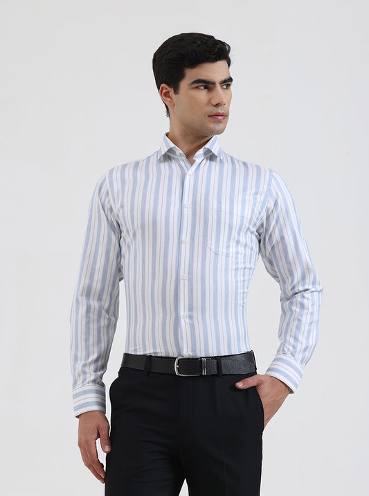 White & Blue Striped Slim Fit Formal Shirt | Greenfibre