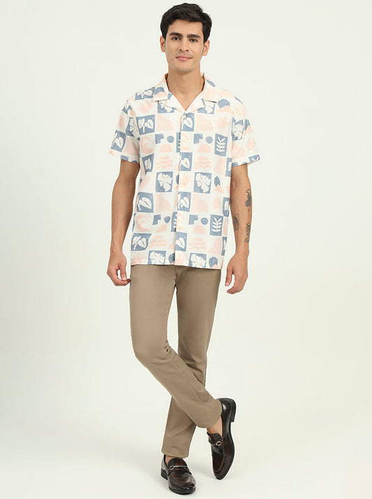 Cream Printed Slim Fit Casual Shirt | Greenfibre