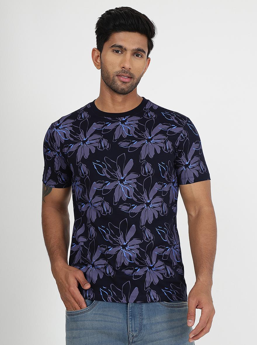 Navy Blue Printed Slim Fit T-Shirt | Greenfibre