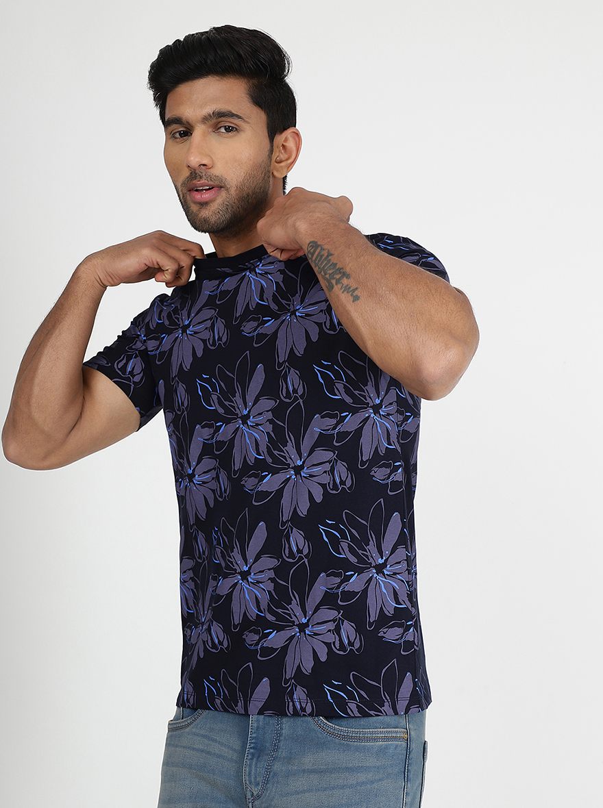 Navy Blue Printed Slim Fit T-Shirt | Greenfibre