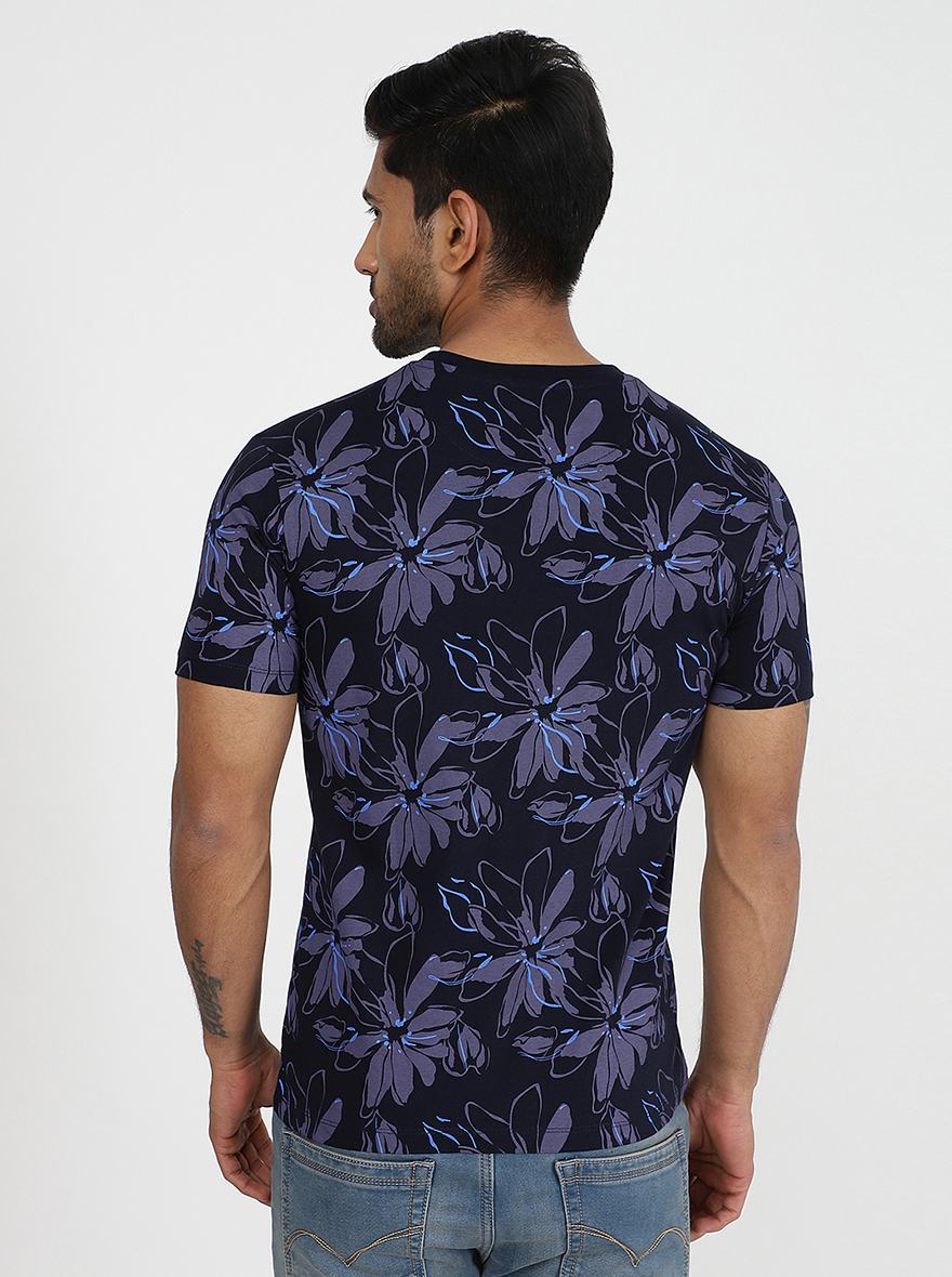 Navy Blue Printed Slim Fit T-Shirt | Greenfibre