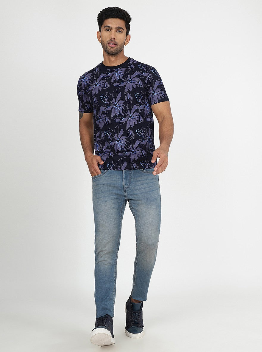 Navy Blue Printed Slim Fit T-Shirt | Greenfibre