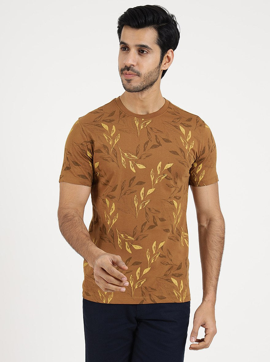 Khaki Printed Slim Fit T-Shirt | Greenfibre
